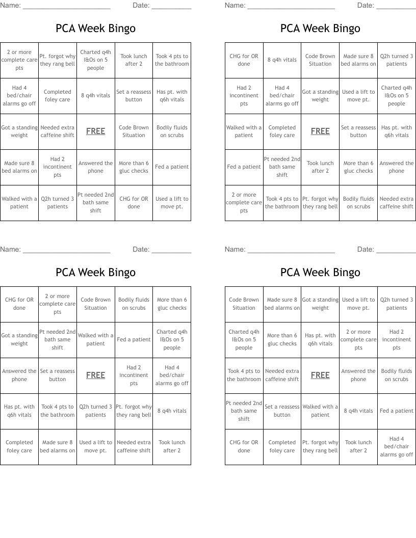PCA Week Bingo
