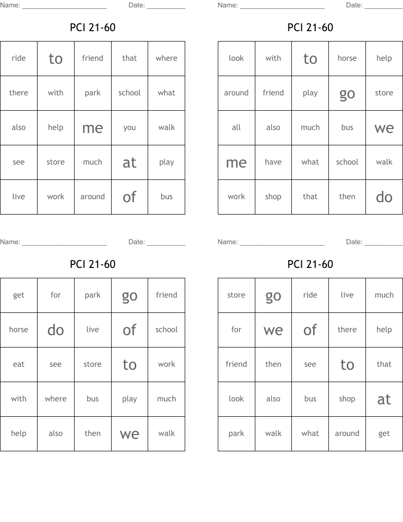 PCI 21-60 Bingo Cards