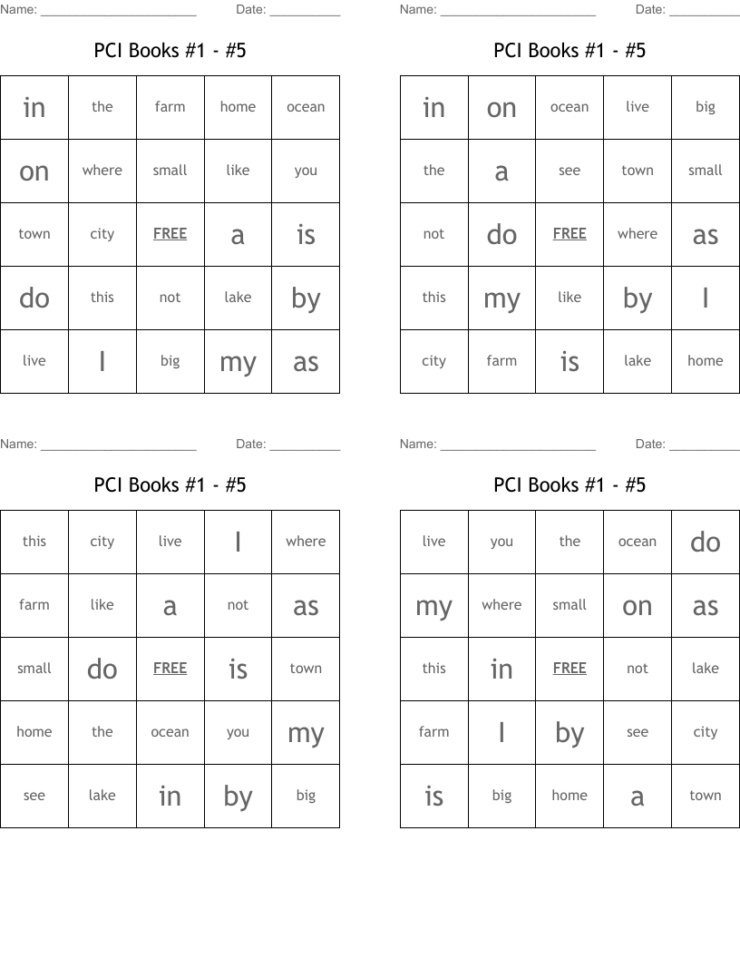 PCI Books #1 - #5 Bingo Cards