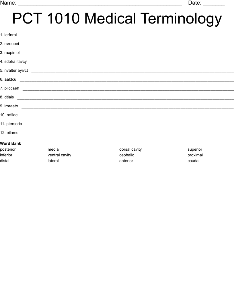 PCT 1010 Medical Terminology Word Scramble