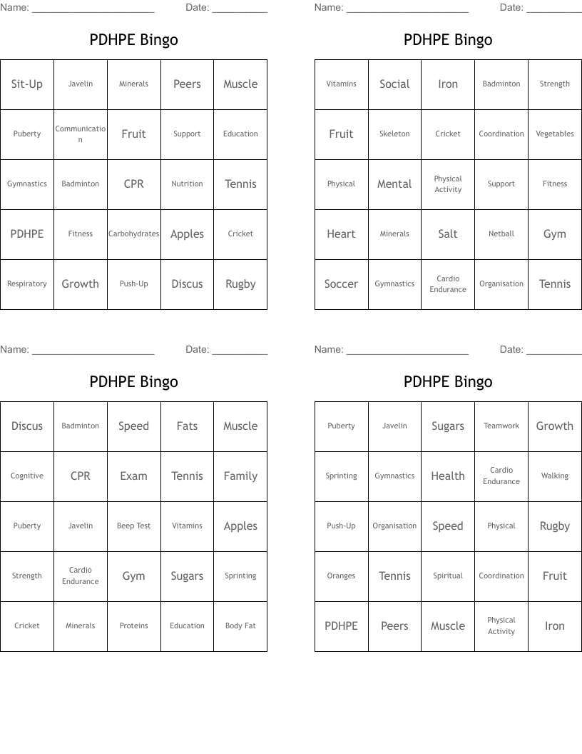 PDHPE Bingo