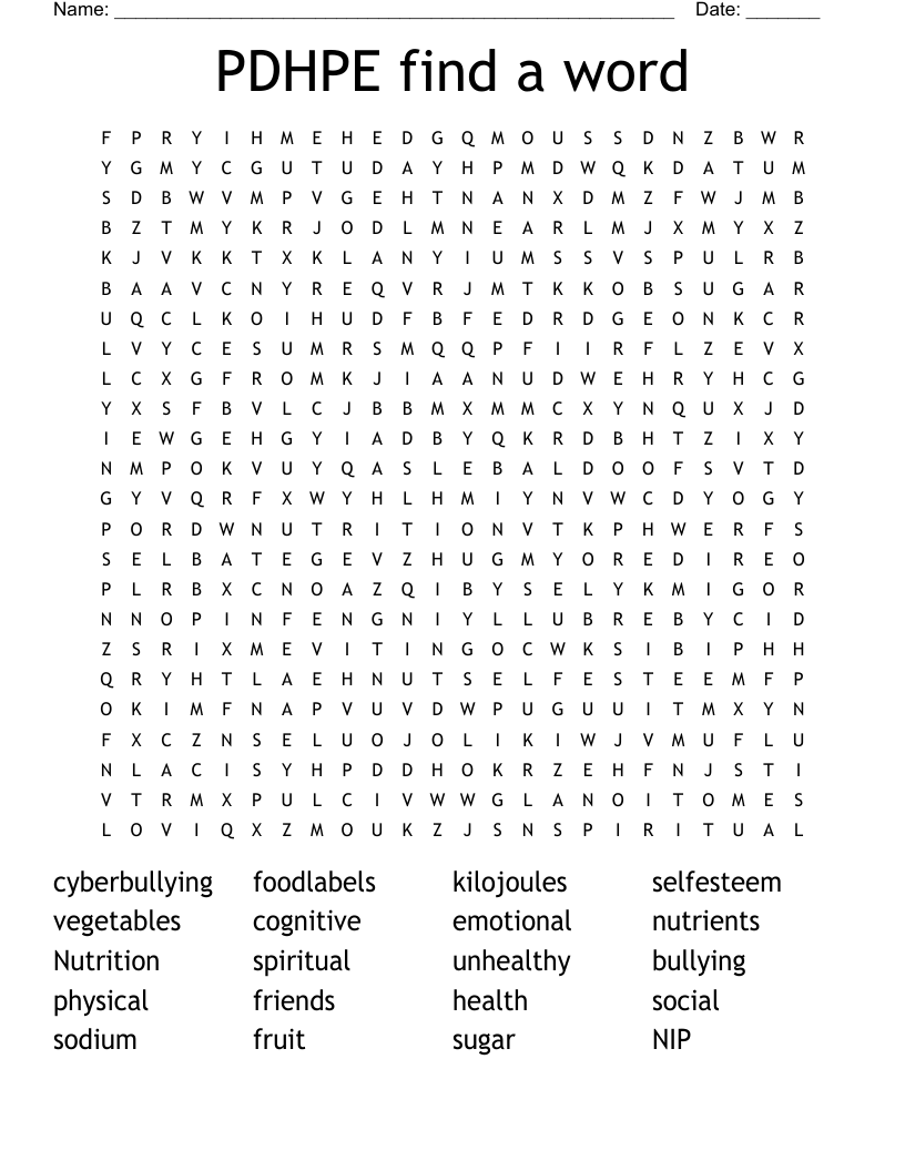 PDHPE find a word Word Search