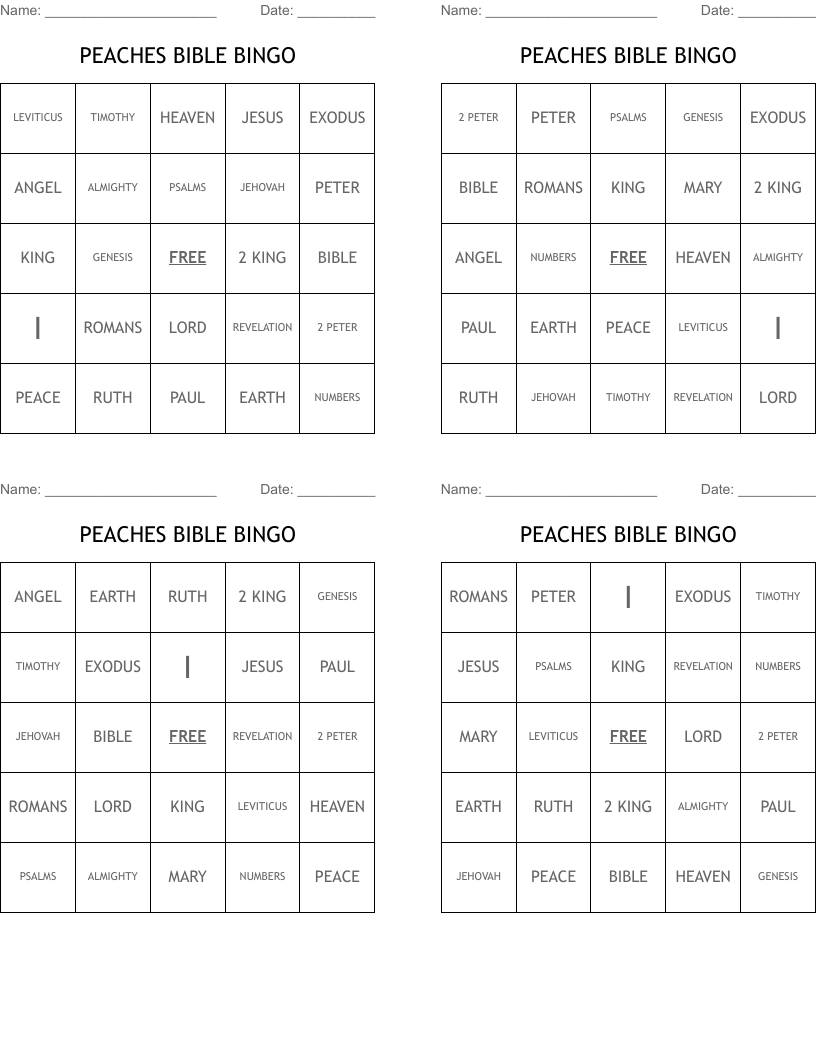 PEACHES BIBLE BINGO