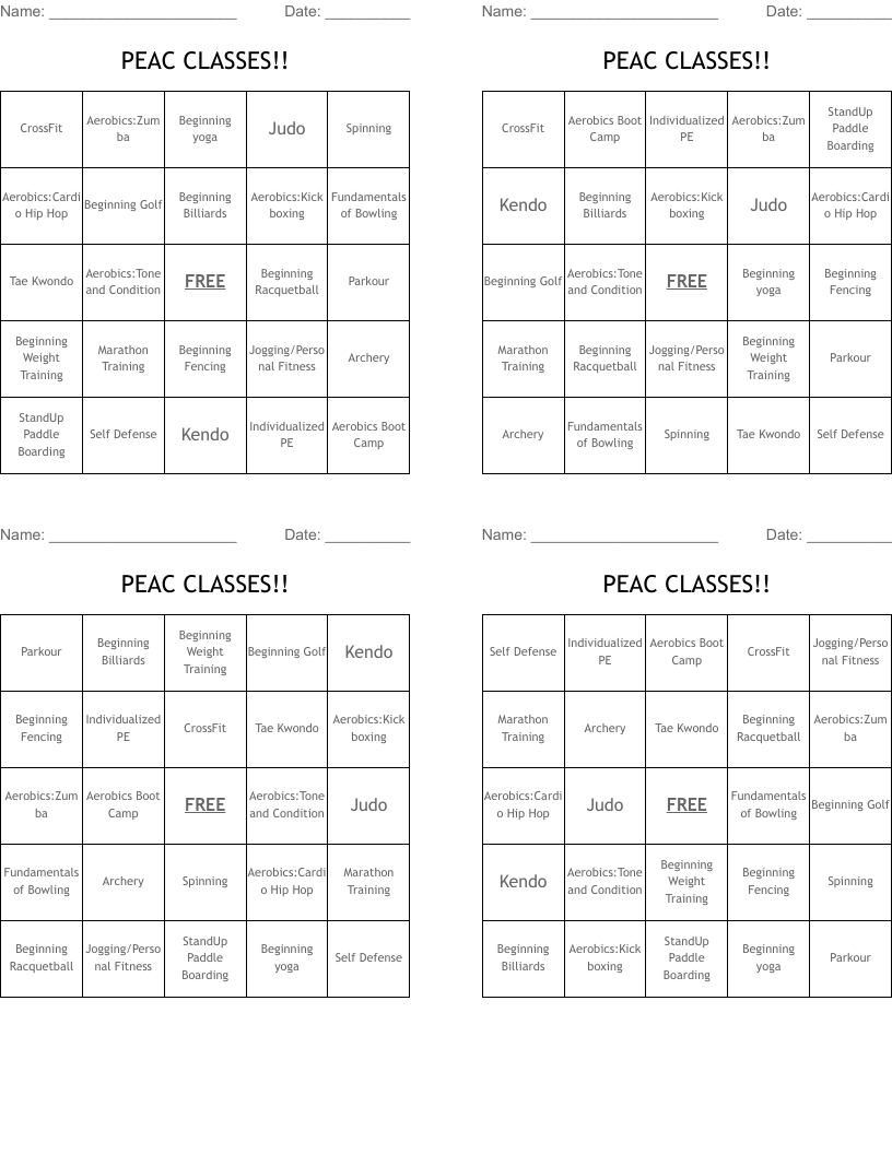 PEAC CLASSES!! Bingo Cards