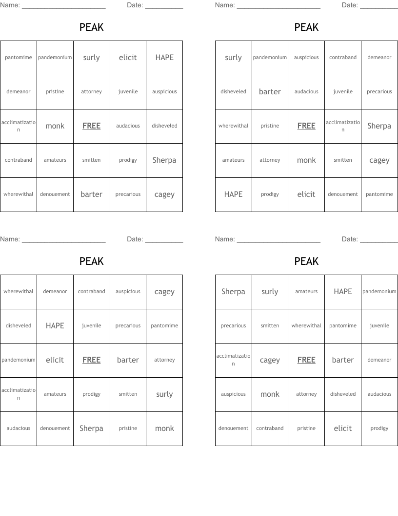 PEAK Bingo Cards