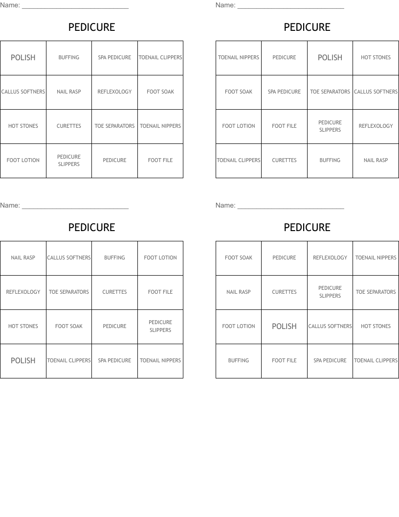 PEDICURE Bingo Cards