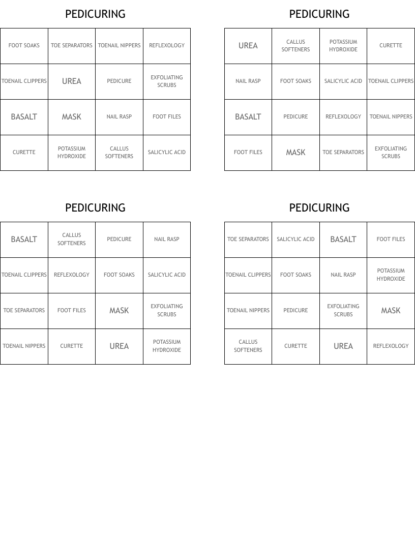 PEDICURING Bingo Cards