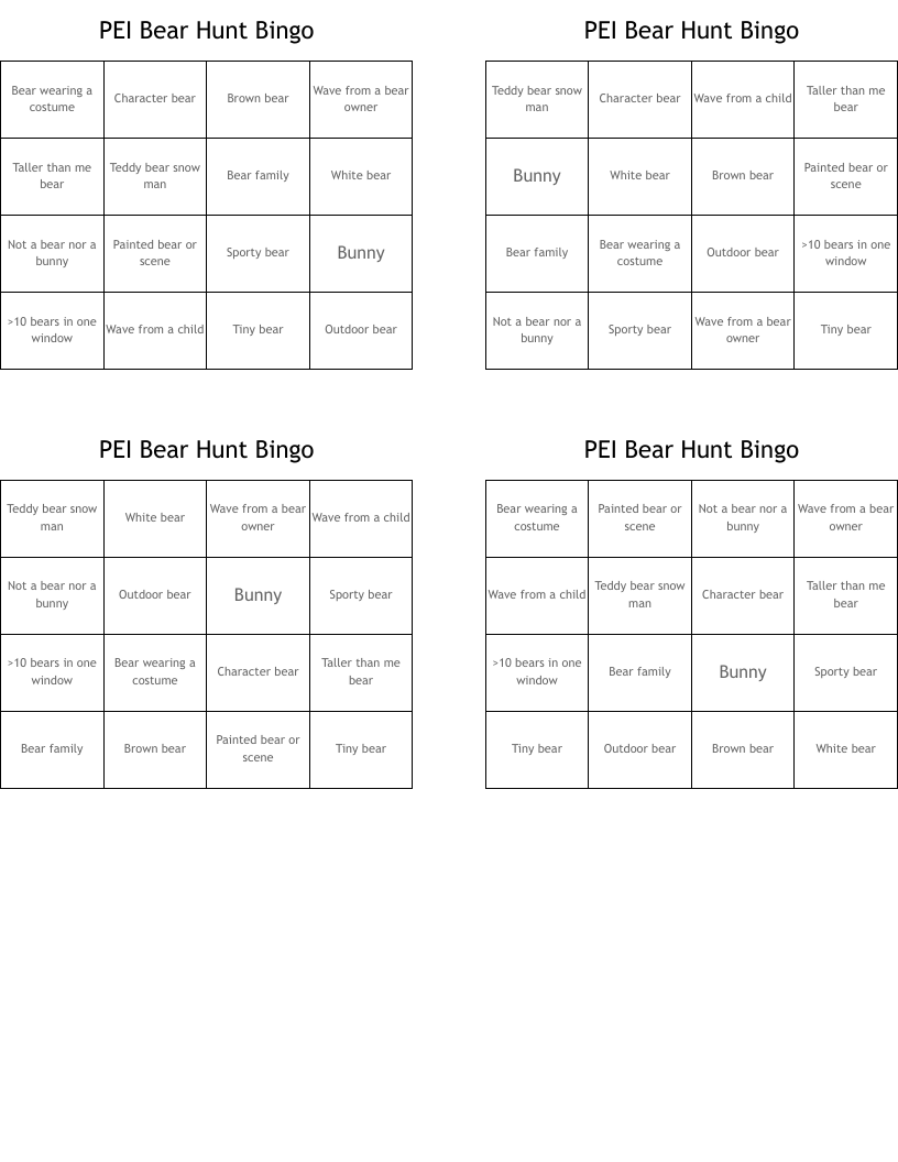 PEI Bear Hunt Bingo