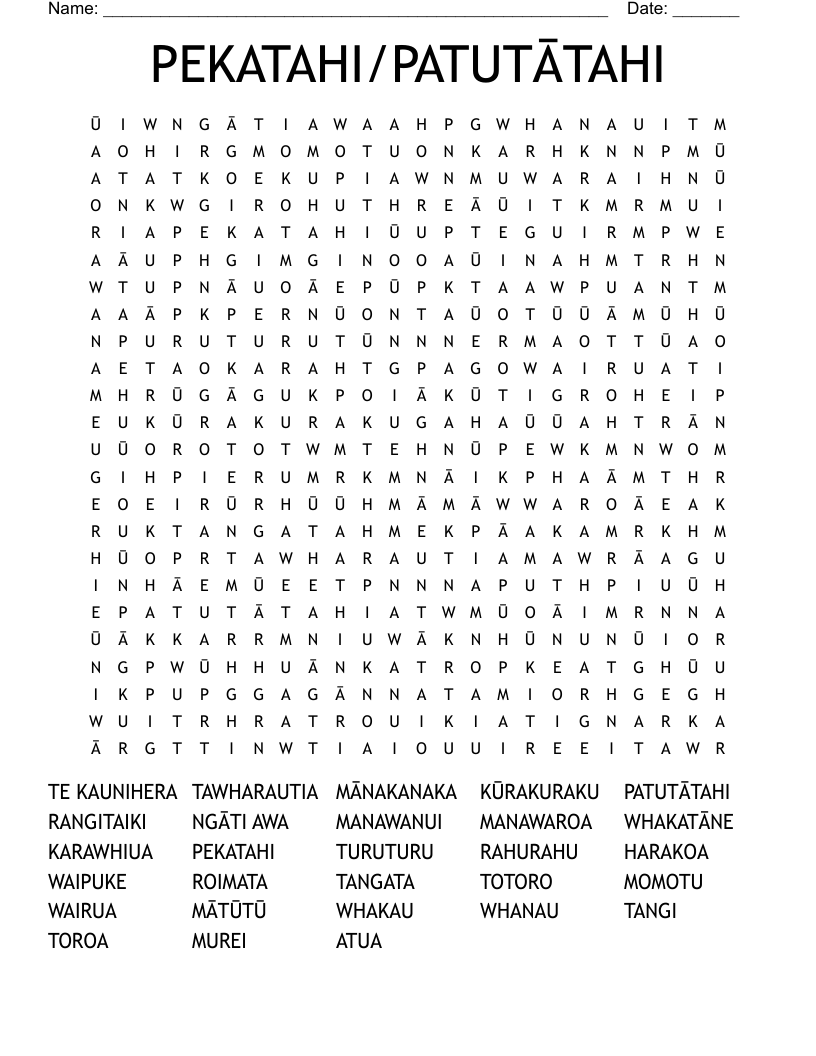 PEKATAHI/PATUTĀTAHI Word Search