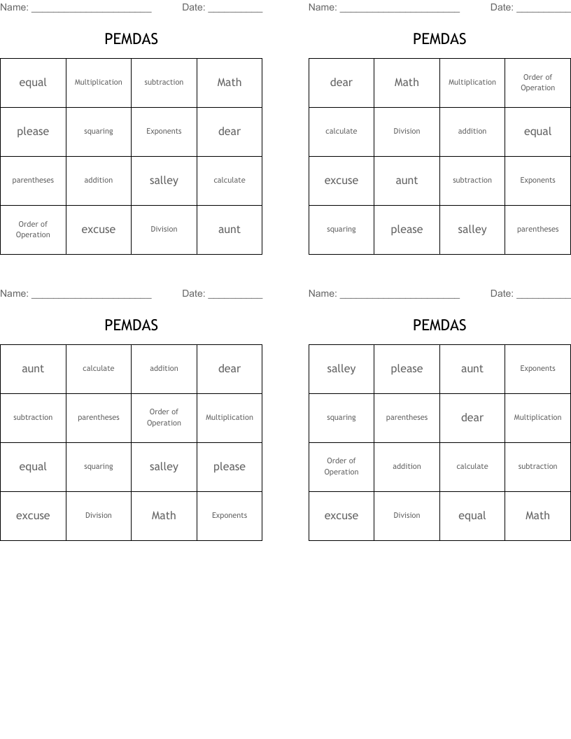 PEMDAS Bingo Cards