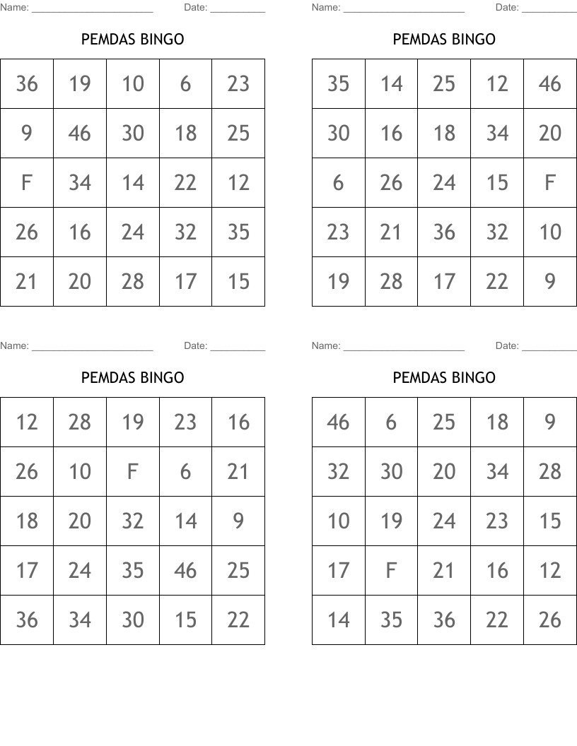 PEMDAS BINGO
