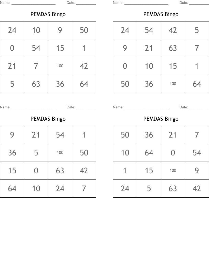 PEMDAS Bingo