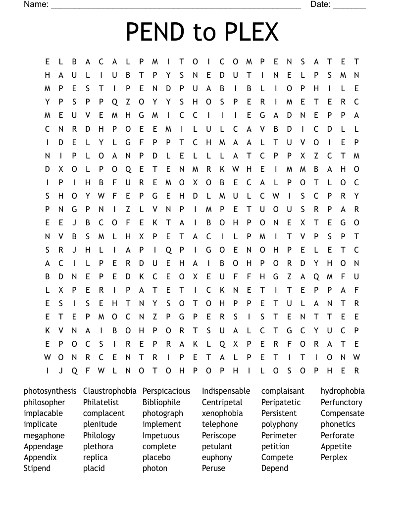 PEND to PLEX Word Search