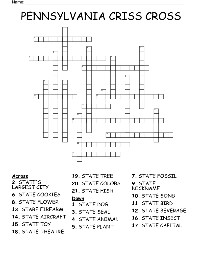 PENNSYLVANIA CRISS CROSS Crossword