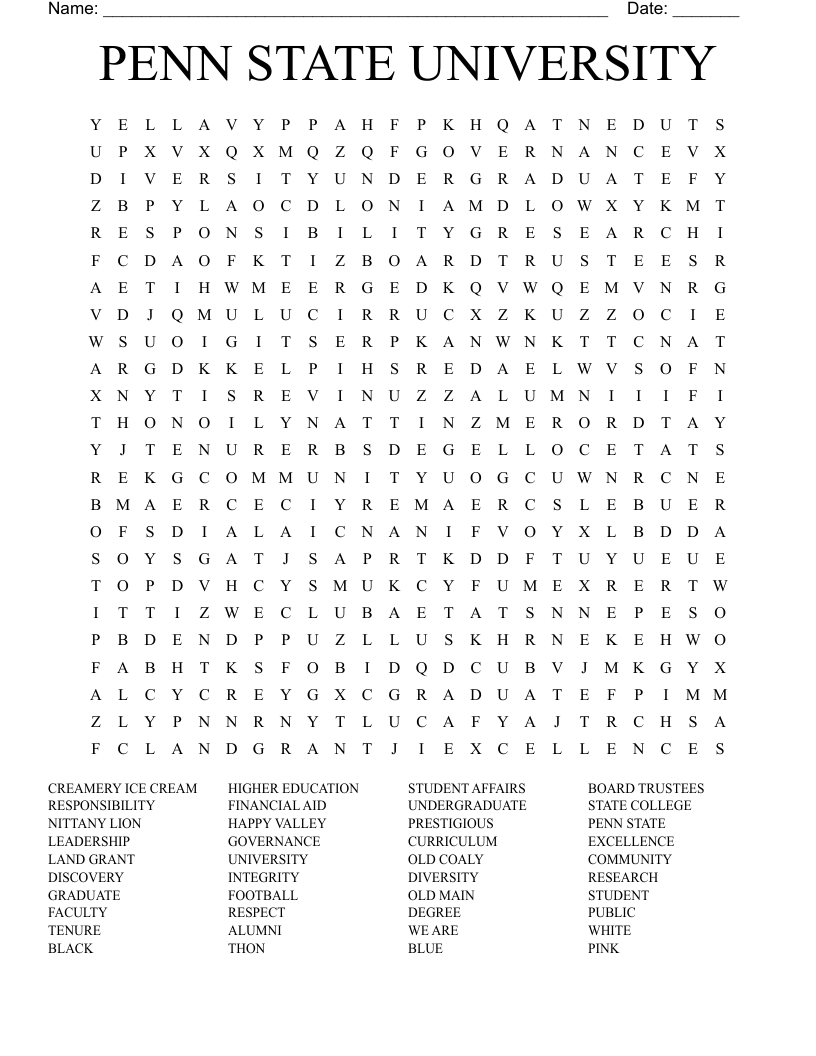 PENN STATE UNIVERSITY Word Search
