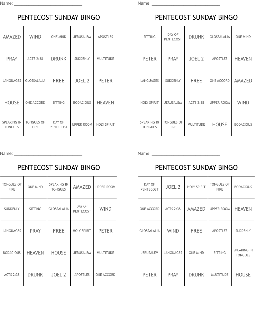 PENTECOST SUNDAY BINGO