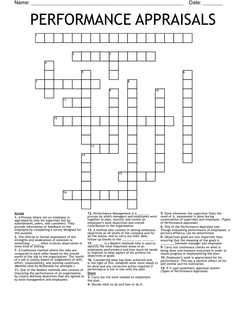 PERFORMANCE APPRAISALS Crossword