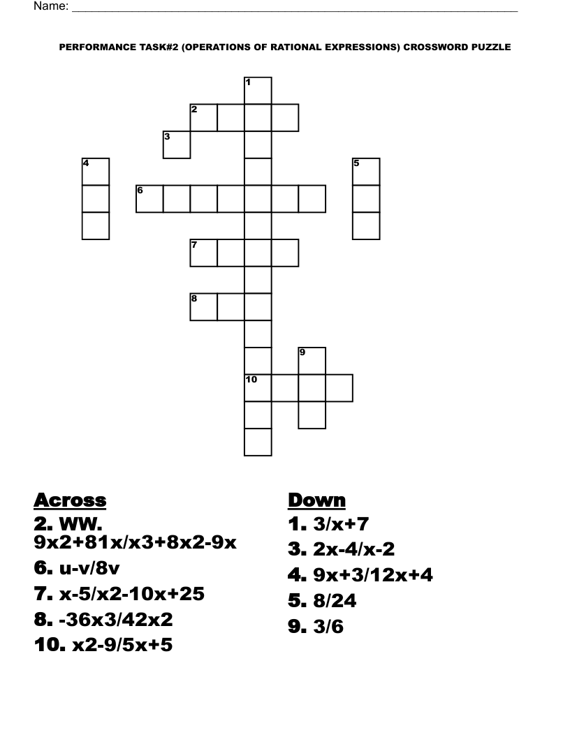 PERFORMANCE TASK#2 (OPERATIONS OF RATIONAL EXPRESSIONS) CROSSWORD PUZZLE