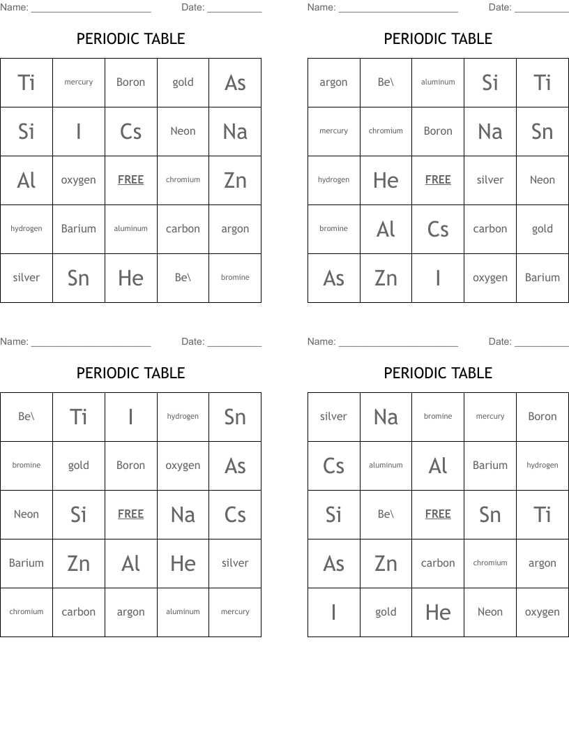 PERIODIC TABLE Bingo Cards