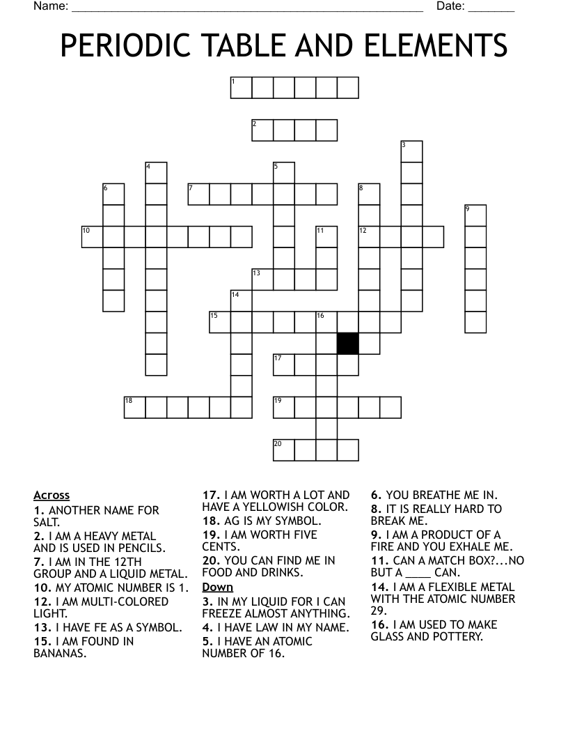 PERIODIC TABLE AND ELEMENTS Crossword