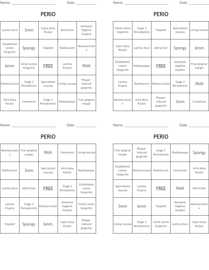 PERIO Bingo Cards