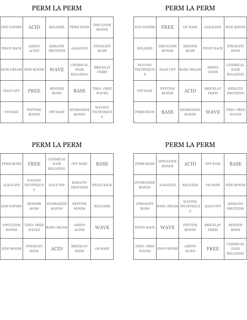 PERM LA PERM  Bingo Cards