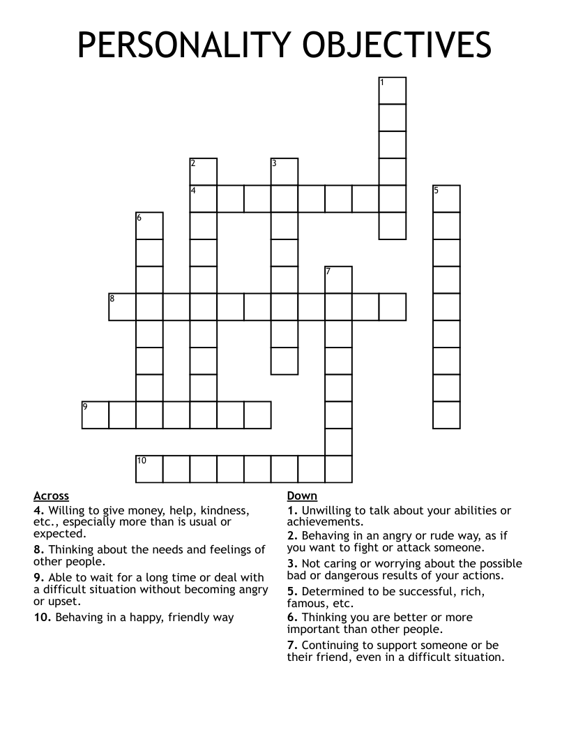 PERSONALITY OBJECTIVES Crossword