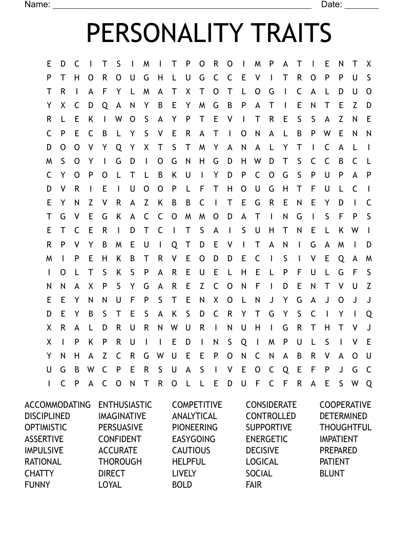 PERSONALITY TRAITS Word Search
