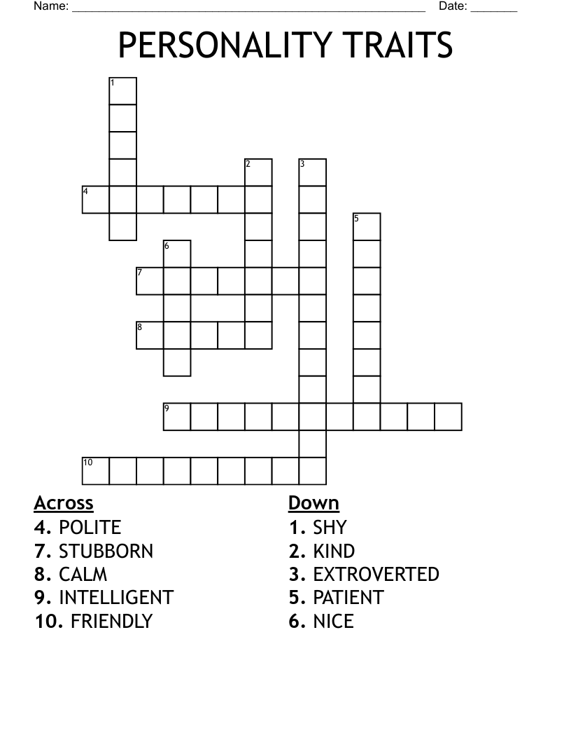 PERSONALITY TRAITS Crossword