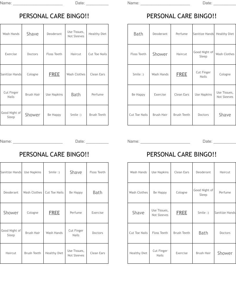 PERSONAL CARE BINGO!!