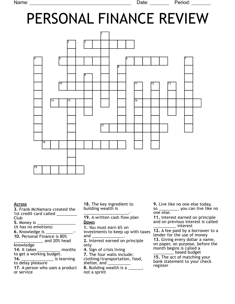 PERSONAL FINANCE REVIEW Crossword