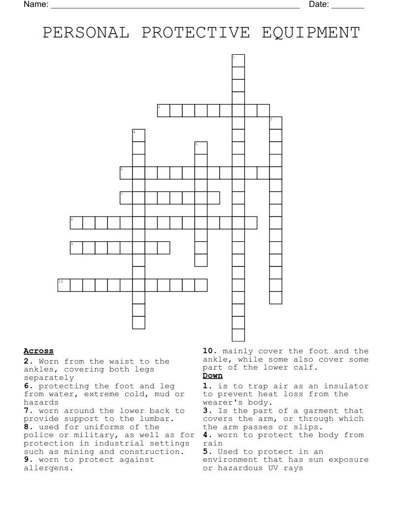 PERSONAL PROTECTIVE EQUIPMENT Crossword