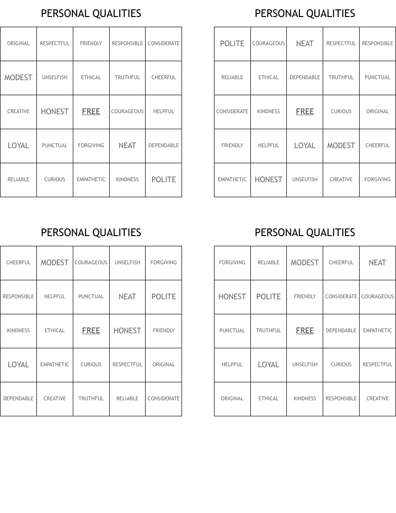 PERSONAL QUALITIES Bingo Cards