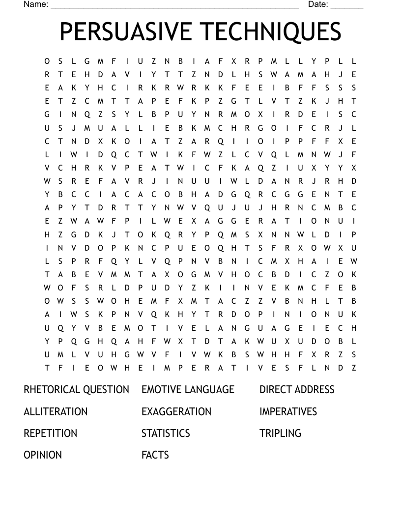 PERSUASIVE TECHNIQUES Word Search