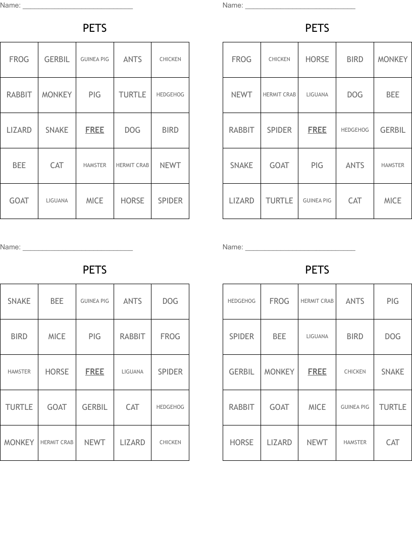 PETS Bingo Cards