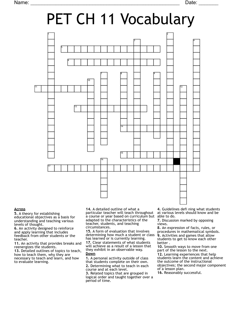 PET CH 11 Vocabulary Crossword