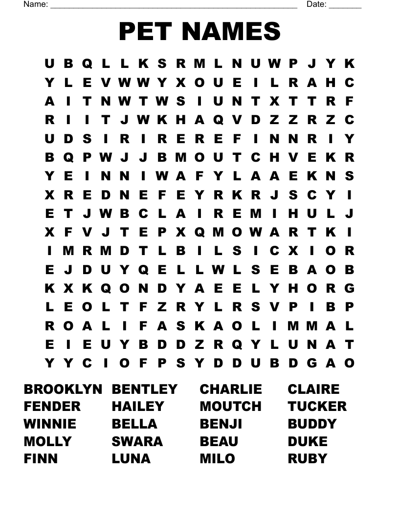 PET NAMES Word Search