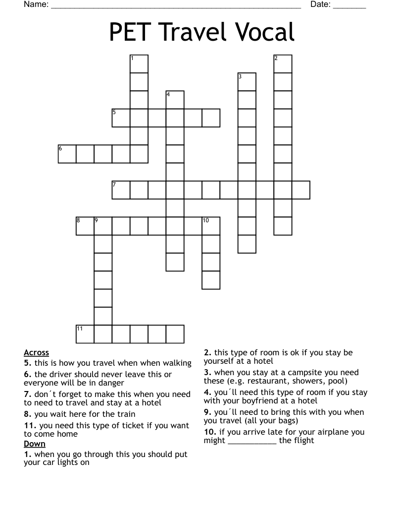 PET Travel Vocal Crossword