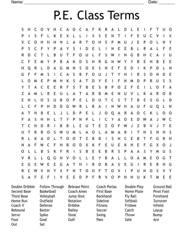 P.E. Class Terms Word Search