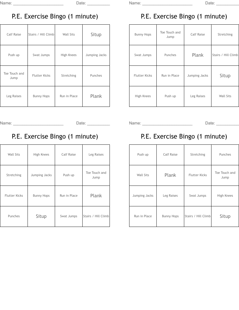 P.E. Exercise Bingo (1 minute)