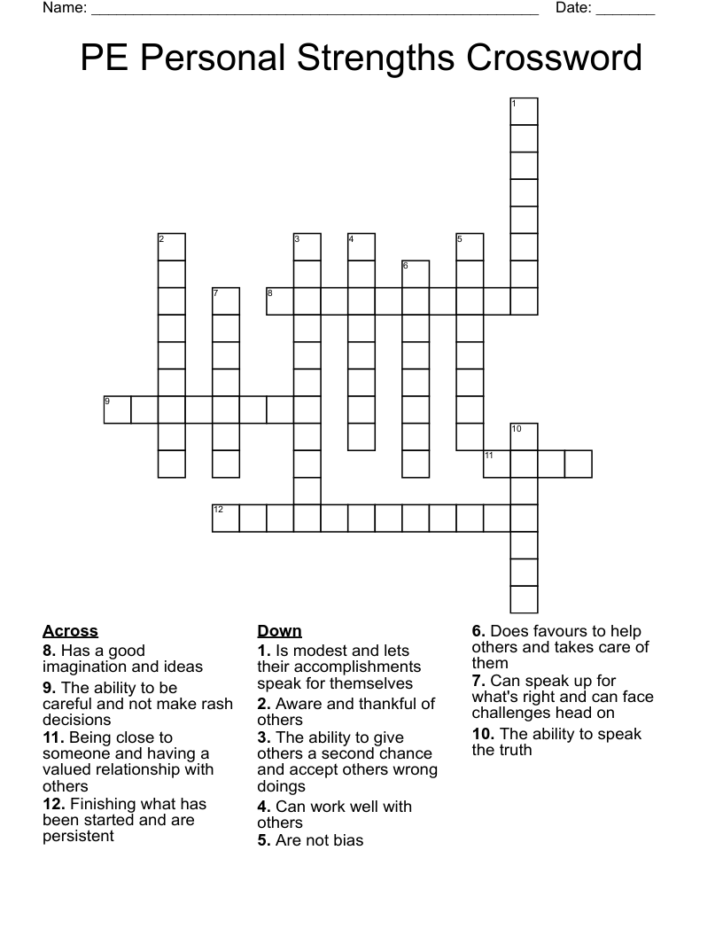 PE Personal Strengths Crossword 