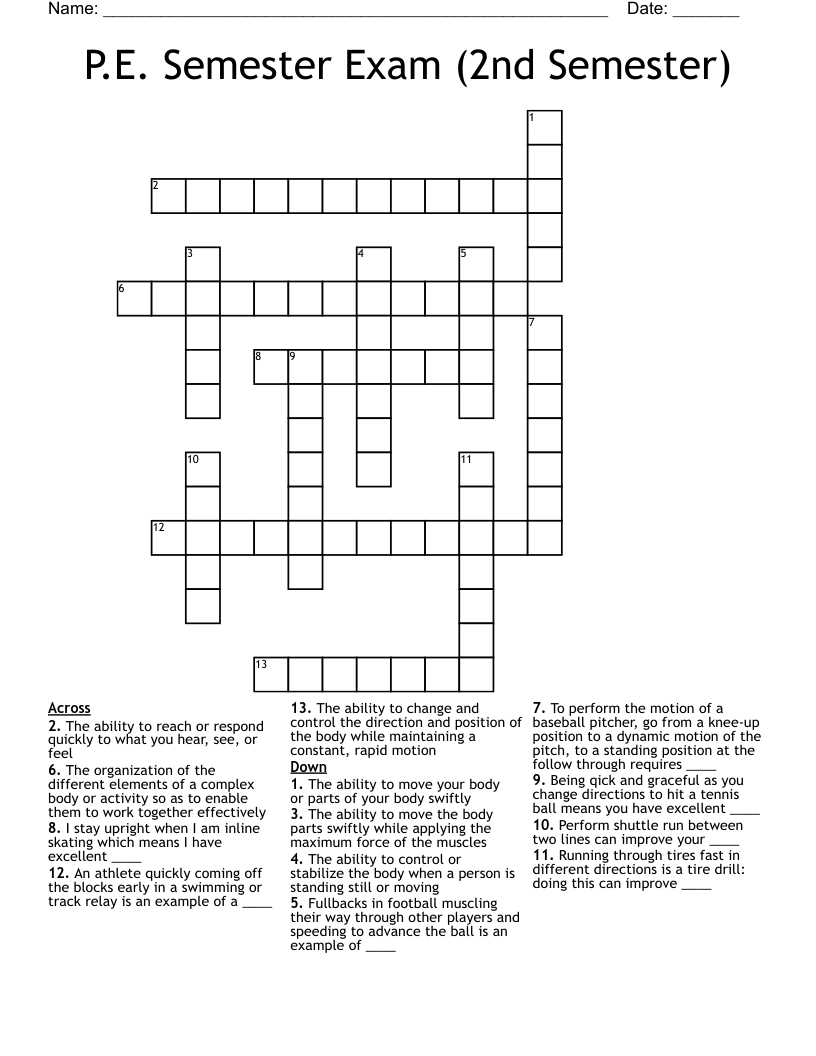 P.E. Semester Exam (2nd Semester) Crossword