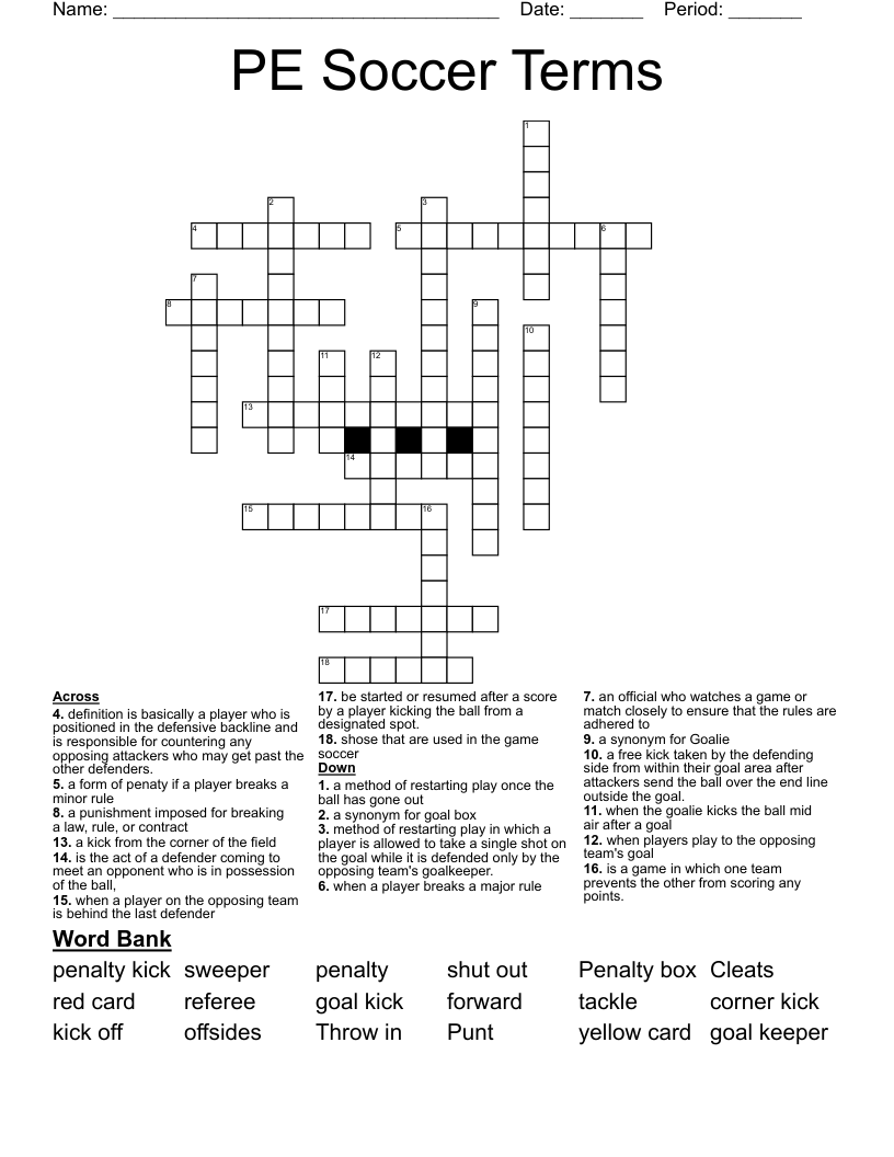 PE Soccer Terms  Crossword