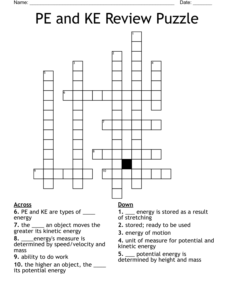 PE and KE Review Puzzle Crossword