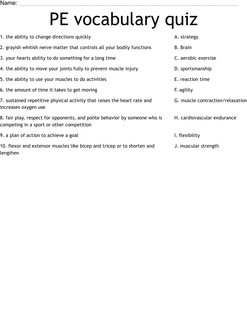 PE vocabulary quiz Worksheet