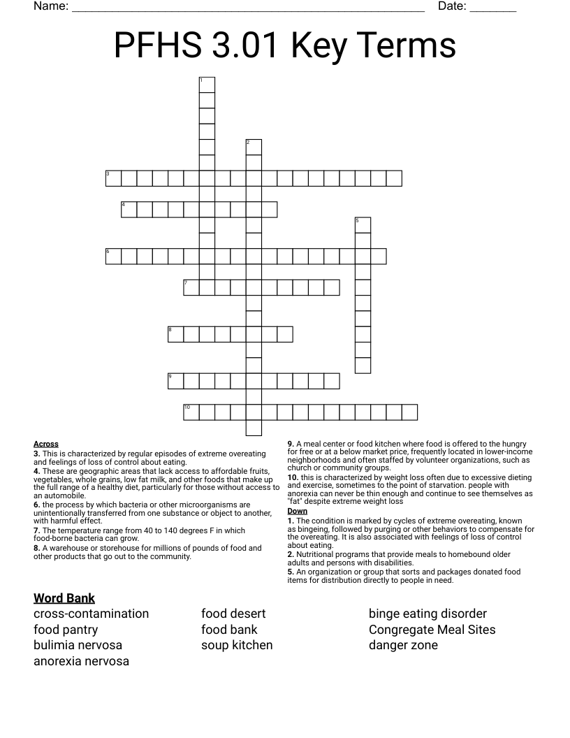 PFHS 3.01 Key Terms Crossword