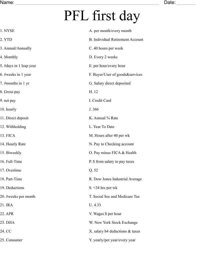 PFL first day Worksheet