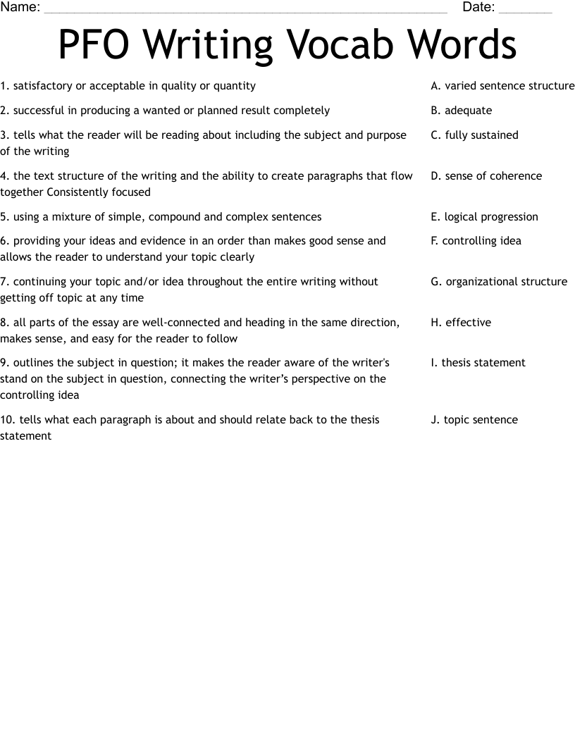 PFO Writing Vocab Words Worksheet