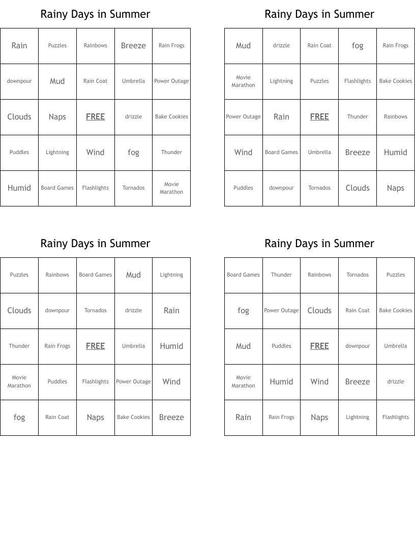 Rainy Days in Summer Bingo Cards