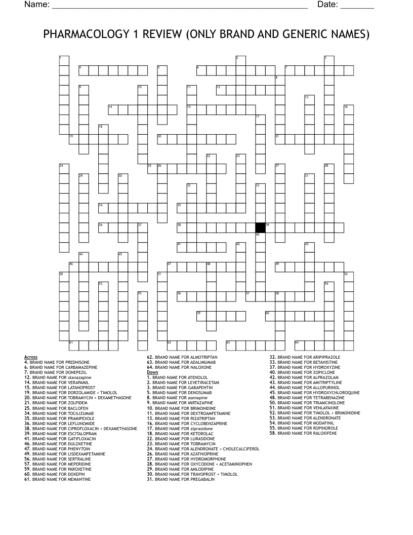 PHARMACOLOGY 1 REVIEW (ONLY BRAND AND GENERIC NAMES) Crossword